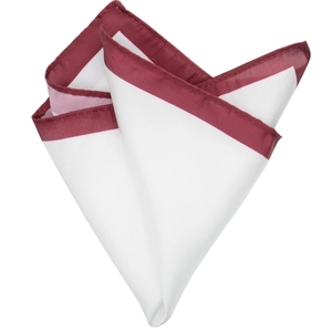 Men's formal white pocket square with dark red edge trim for wedding suits
