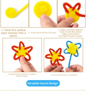 DIY tutorial showing 5 steps to create a plush carrot using colorful pipe cleaners
