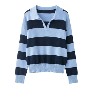 Detail of blue striped polo sweater showing ribbed cuffs and textured knit fabric