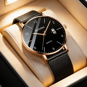 Men Ultra Thin Waterproof Quartz Watch Minimalist Date Calendar Mesh Stainless Steel Leather Strap Business Casual Wristwatch