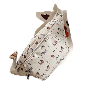 Cute cream crossbody waist bag with cartoon dachshund pattern and zipper closure