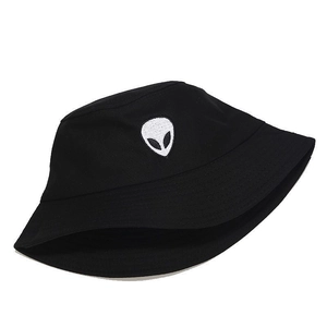 Black cotton bucket hat with white alien embroidery against a clean white background
