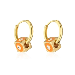 Detail of 18K gold plated hoop earrings with orange cube eye-pattern pendants