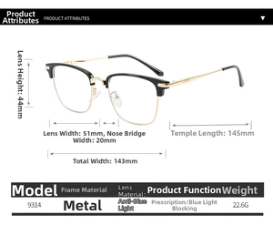 Size chart for model 9314 metal half-frame glasses showing detailed frame dimensions