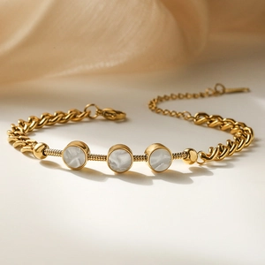 Elegant gold titanium steel bracelet with shell inlays and mixed chain texture design