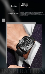 Close-up of men's square quartz watch with Roman numerals and black leather strap