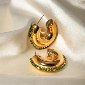 Elegant 18k gold stainless steel C-shaped earrings with green and white cubic zirconia