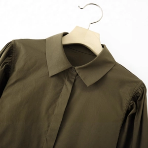 Deep olive green cotton poplin shirt with lapel collar and pleated puff sleeves