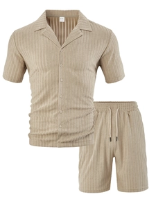 Detail of khaki ribbed texture on men's short sleeve shirt and shorts set with 3D layout