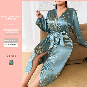 Damen Plus Size Langer Kimono Bademantel ImitationsSatin Satin Blumendruck V-Ausschnitt Bindegürtel Nachtwäsche Homewear