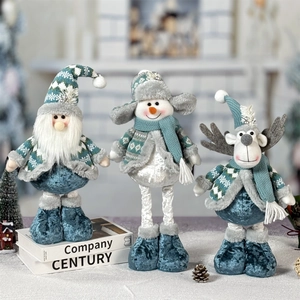 Three-piece Christmas plush doll set with Santa, Snowman and Reindeer in soft blue and white