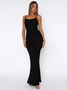 Slim fit black sequin maxi dress with spaghetti straps and rhinestone detailing