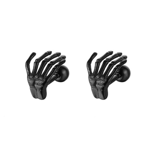 Pair of matte black gothic skeleton hand stud earrings in durable titanium steel