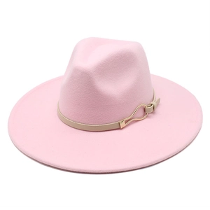 Pink wide brim wool felt jazz hat with beige leather strap and gold buckle for women