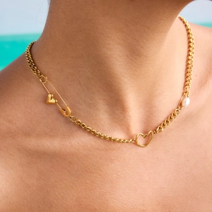18K gold plated stainless steel paperclip chain necklace with heart pendant and pearl