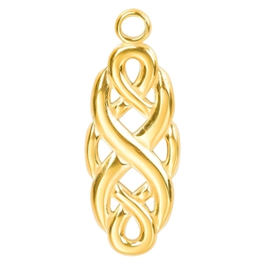 Detail showing a 18k gold plated stainless steel witch knot charm with smooth metallic texture