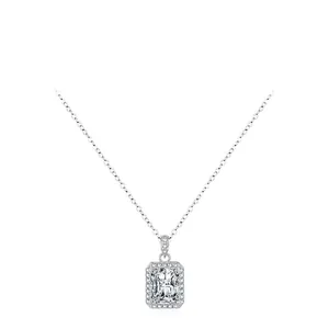 925 sterling silver necklace with radiant cut cubic zirconia pendant on white background