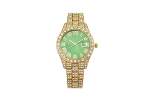 Macro detail of luxury gold watch with green dial, full rhinestones and date display