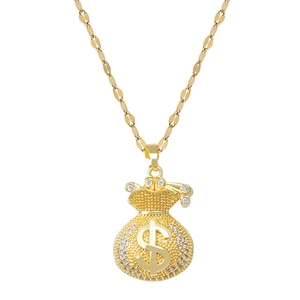 Elegant gold money bag pendant necklace with sparkling rhinestones on a flat chain
