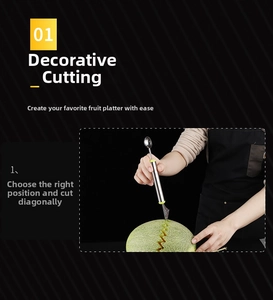 Dual-head stainless steel fruit carver tool with scooper and V-shaped serrated blade
