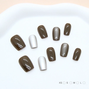 Handmade Press On Nails Retro Brown Cat Eye Style Reusable Fake Nails For Women Fashion Metallic Brushed Square Manicure Art