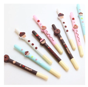 Close-up of cute Pocky-style 0.5mm gel pens in chocolate and strawberry flavors