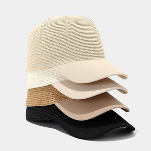 Straw Woven Baseball Cap With Fabric Brim Breathable Sunshade Outdoor Retro Casual Hat For Men Women