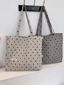 Polka dot canvas tote bag with bow embroidery for women in beige and green checkers
