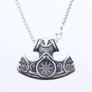 Vintage Thor's Hammer Mjolnir pendant necklace with Vegvisir runes in oxidized steel
