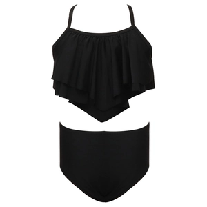 Maillot de bain deux pièces noir pour filles avec haut à volants et culotte haute