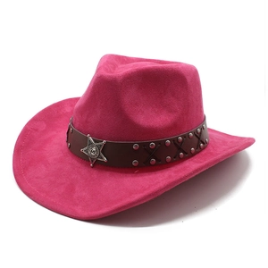 Detailed fuchsia suede cowboy hat featuring brown leather band and silver star emblem
