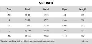 Size guide table for women's backless summer dress with bust waist and hip measurements