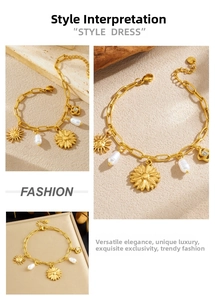 Détails du bracelet en acier doré avec pendentifs soleil et perles de haute qualité
