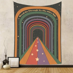 Detail of bohemian rainbow tapestry with Break On Through To The Other Side text