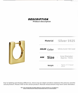 Detailed size specifications and material chart for S925 silver square hoop earrings