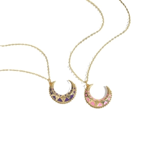 Bohemian gold crescent moon necklaces with purple and pink enamel and small diamonds