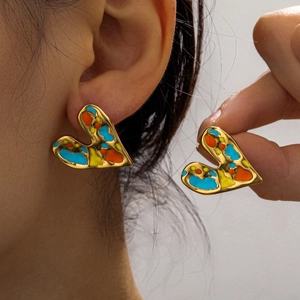 Heart Stud Earrings Stainless Steel Colorful Enamel Abstract Art Style Fashion Sweet Jewelry For Women