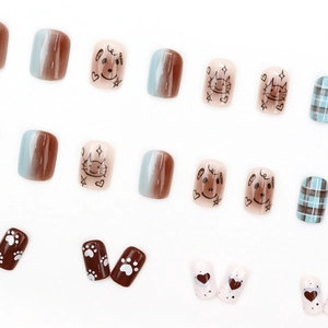 24pcs square press-on nails with cartoon cat dog patterns and blue gradient plaid design