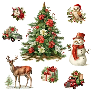 Christmas tree snowman and reindeer self-adhesive wall decals for holiday home decoration