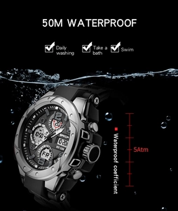 Detailed view of SANDA 6008 sport watch submerged in water showing 5Atm waterproof feature
