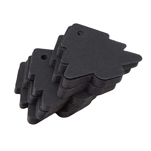 Bulk pack of black Christmas tree shaped kraft paper gift tags with pre-cut hanging holes