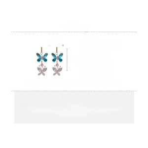Detail view of butterfly drop earrings with multi-color zircon inlay and dimensions