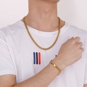 Mens gold cuban chain set including necklace and bracelet with flat polished links
