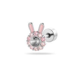Pink rabbit stud earring with crystal border and enamel finish on a white background