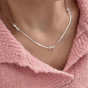 925 Sterling Silver Bow Necklace Flat Snake Bone Chain Minimalist Korean Style Jewelry For Women Elegant