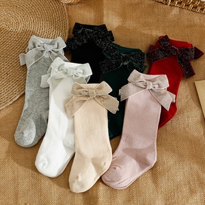Baby Girls Cotton Mid Calf Socks With Big Shimmer Bow Spanish Style Princess Ribbed Breathable Toddler Hosiery