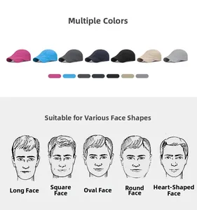 Breathable sun cap detail showing seven color options and suitable face shape guide