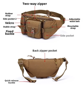 Tactical waist bag with multi-pocket system, dual zippers and MOLLE gear webbing details