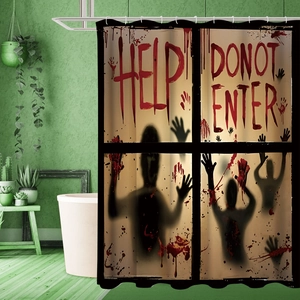 Detail of waterproof Halloween shower curtain with bloody Help and Do Not Enter prints