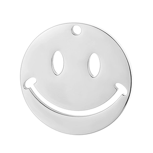 Detailed close-up of a polished stainless steel smiling face pendant with a silver finish